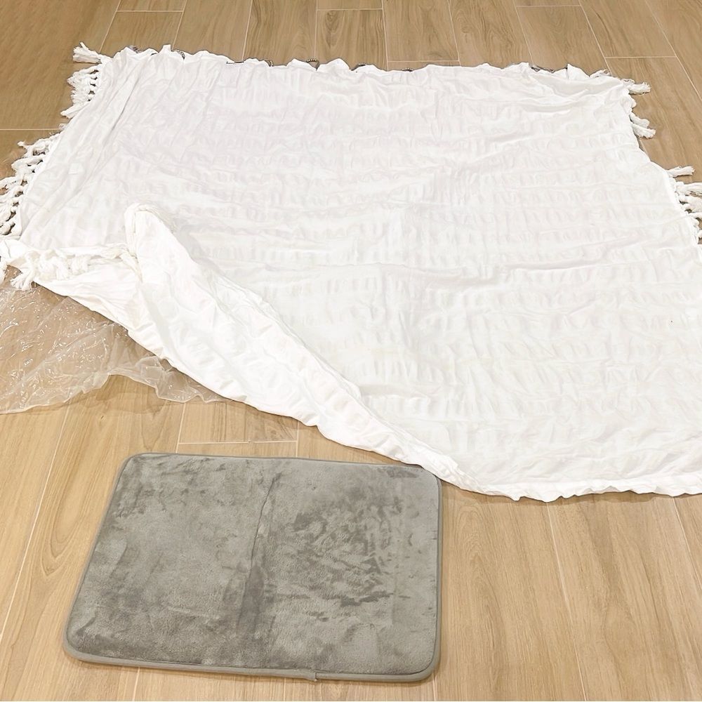 White Shower Curtain, Plastic Liner, Hooks, Bath Mat